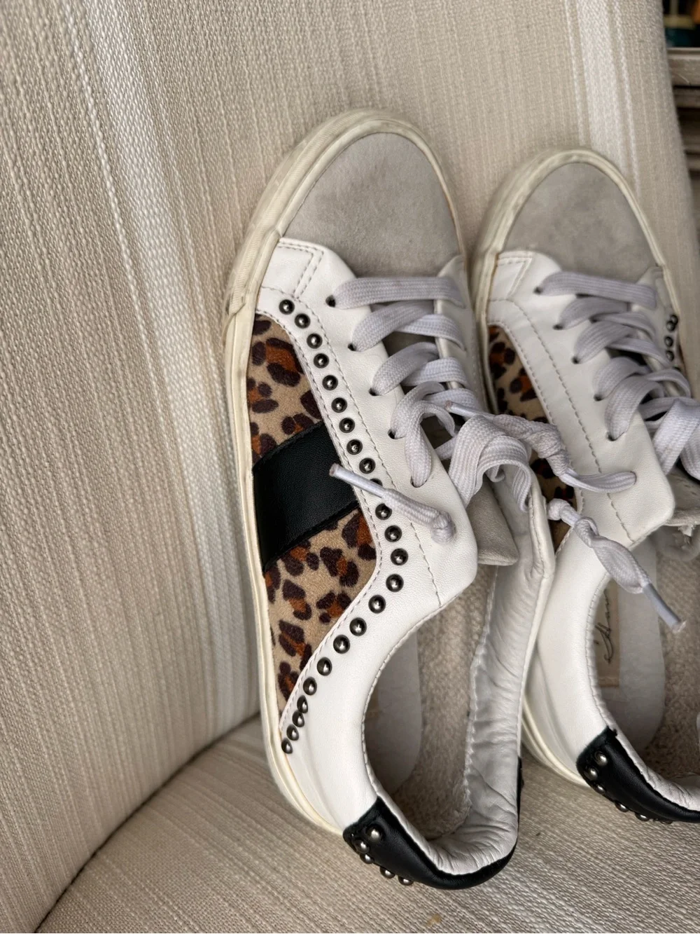 White Leather Women's Sneaker with Leopard Accent and Stud Detailing